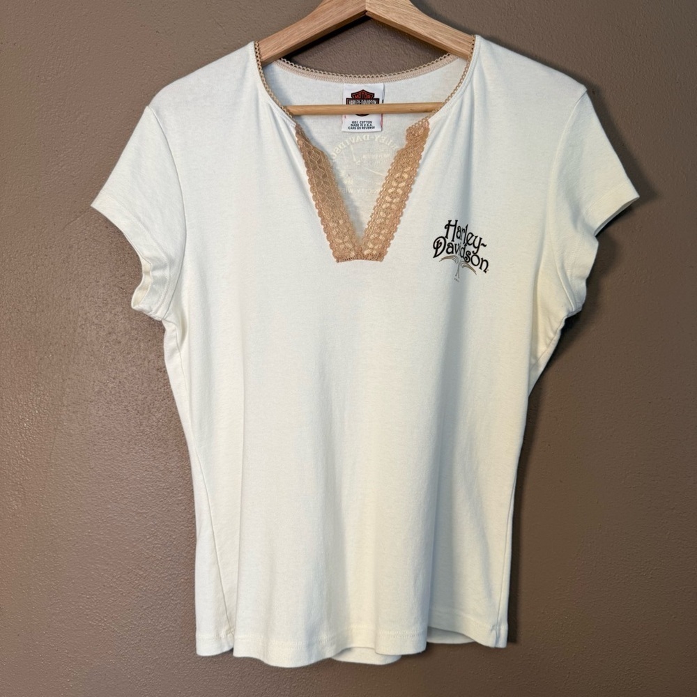 Vintage 00’s Harley Davidson V-Neck Cotton Baby Tee with Lace Trim Size Large